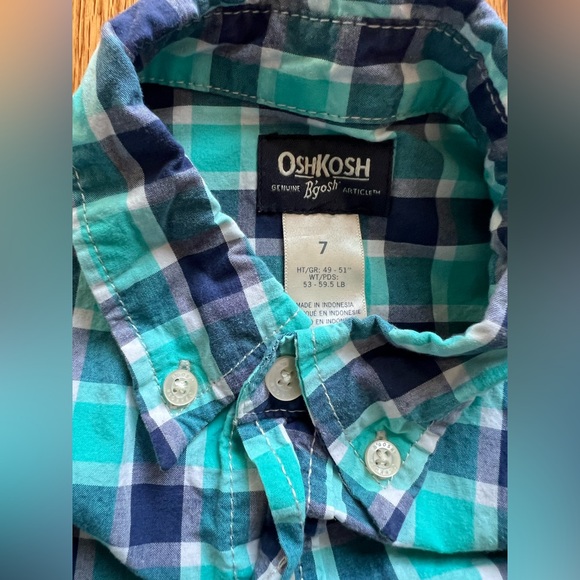 OshKosh B'gosh Teal and Navy Plaid Button Up Collared Shirt Boys 7 - Picture 2 of 3